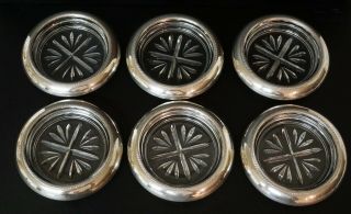 Set Of 6 Vintage Sterling Silver Rimmed Cut Glass Coasters