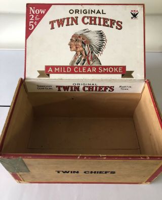 Twin Chiefs Native American Indian Antique Wooden Cigar Box
