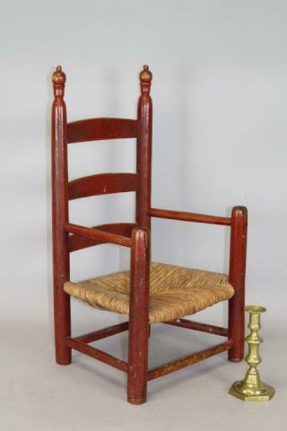 RARE 18TH C WILLIAM & MARY CHILD ' S 3 SLAT ARMCHAIR IN GRUNGY BITTERSWEET PAINT 2