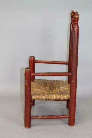 RARE 18TH C WILLIAM & MARY CHILD ' S 3 SLAT ARMCHAIR IN GRUNGY BITTERSWEET PAINT 3