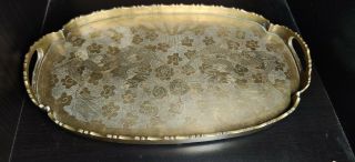 Antique Asian Chinese Engraved Brass Tray - Dragons,  Flowers And Other Designs