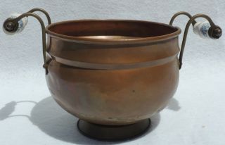 Antique/vtg 10” Copper Brass Delft Blue White Ceramic Handle Cache Pot Planter