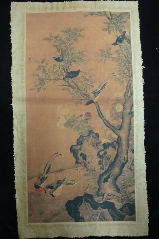 Very Fine Large Old Chinese Paper Painting Flowers And Birds " Lvji " Mark