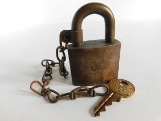 Antique U.  S.  American Padlock With Key & Chain