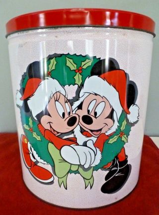 Vintage Mickey & Minnie Mouse Christmas Popcorn Tin With Lid Rare