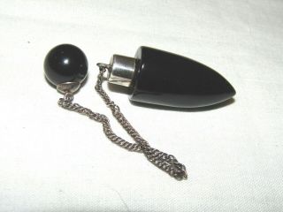 Antique Miniature Perfume Bottle Black Glass Sterling Top & Chain Scent Poison