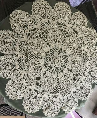 Antique French Cluny Bobbin Lace Table Topper Round Tablecloth 48 "
