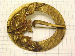 Antique Art Nouveau Hammered Brass Belt Buckle Theme Sash Pin Brooch