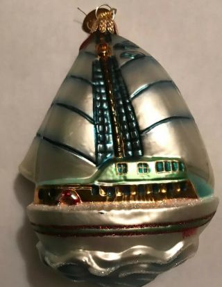 Vintage Hand Blown Glass Sailboat Christmas Ornament Puffy Sailer Sea Rare Htf