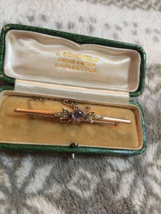 Rare Antique Victorian Or Edwardian 9ct Gold Amethyst & Seed Pearl Bar Brooch
