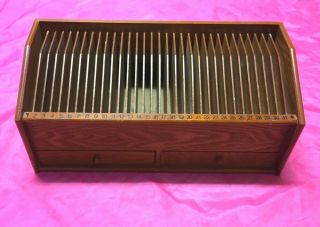 Vintage Solid Oak Wood 31 Cd Organizer Storage Rack With 2 Drawers -