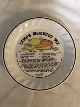 Vintage Lemon Meringue Recipe Pie Plate Dish - Rare - Circa 1979