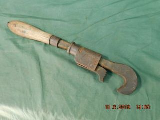 Vintage Adj Wrench Spring Loaded Wooden Handle Collectible Antique Tool - LOOK 3