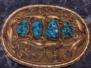 Stunning J.  W.  Toadlena Artist Signed Navajo Belt Buckle.  Rare Htf.  Gold Turquoise