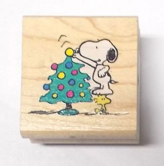 Rare Christmas Snoopy Rubber Stamp Tree Trimming Woodstock Wood Mounted Holidays