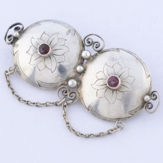 Antique Sterling Silver Garnet Arts & Crafts Flower Dangle Brooch Pin