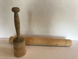 Antique Early American Primitive Personal Rolling Pin & Wood Pestle