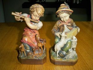 Antique German Black Forest Wood Carved Statue Figurine Musicians Pair