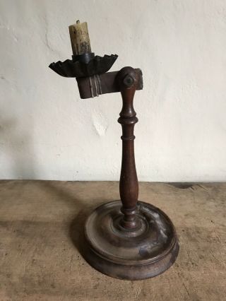 Old Antique Made Do Candle Holder Lighting Wooden Base Aafa Patina Rare Form Tin