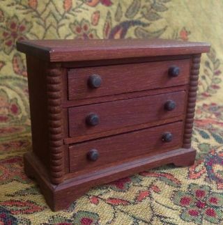 Vintage Dollhouse Miniature Dark Walnut Wooden Chest - of - drawers 2