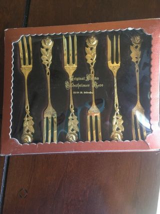 Vtg Antiko Hildesheimer Rose 23/24 Kt Golden Plate 6 Forks (rare) 5.  25 "