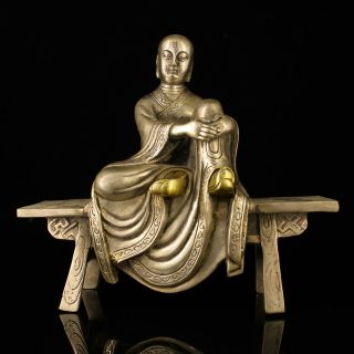 Chinese Old Copper Plating Silver Hand - Made Gold Drawing Bench Bench Statue E02c
