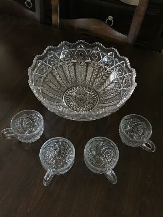 Vintage Antique Cambridge Glass Co Feather Pattern Punch Bowl Set 5 Cups