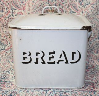Antique White Enamel Bread Box Tin Art Deco