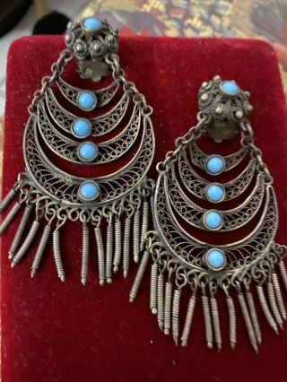 Antique Zuni Turquoise Petipointlarge Clip Earrings,  Sterling Silver,  Rare,  Gd Cond
