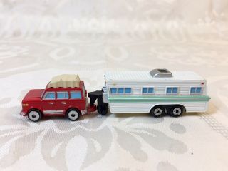 RARE Vintage Micro Machine Red Camper SUV w/ Travel Trailer 3