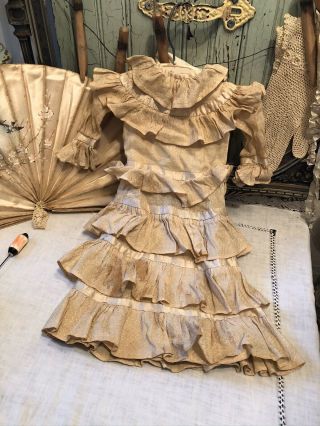 Antique Edwardian Tiered - Ruffle Ecru Silk Doll Dress 16.  5 Inches