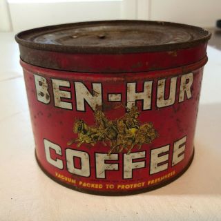 VERY RARE Antique Coffee Tin Can BEN - HUR COFFEE 1lb w/lid 3