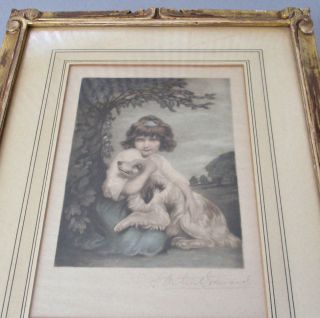 Antique Mezzotint Color Engraving Playmates Girl With Dog Orig Gilt Frame Signed