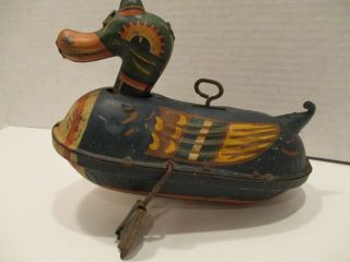 Antique Early Rare Wind - Up Litho Tin Toy Paddling / Swimming Duck Germany