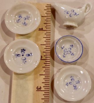 Antique Miniature Handpainted Porcelain Fancy Plates & Gravy Boat For Dollhouse