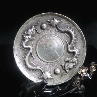 Collectible Decorate Old Tibet Silver China Double Dragon Ball Coin Plate B01