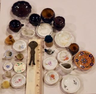 Antique Miniature Handpainted Porcelain Fancy Plates & Bowls Etc For Dollhouse