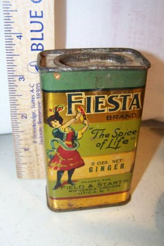 Antique Fiesta Brand 2 Oz Ginger Spice Tin With Contents - Vintage Grocery