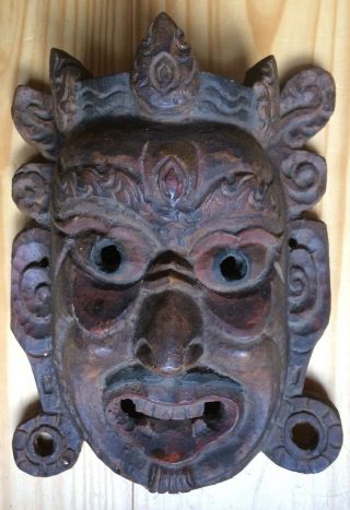 Antique Vintage Asian Chinese Hand Carved Wood Wooden Mask With Wax Export Stamp