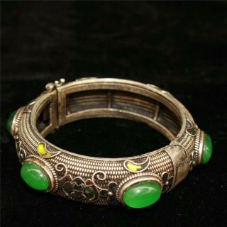 3.  54 " Collect Chinese Tibetan Silver Cloisonne Inlay Green Jade Jadite Bracelet