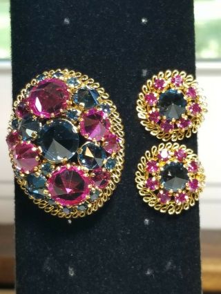 Rare Signed Austria Earrings Brooch Set Pointing Up Fuschia Blue Glass Stones