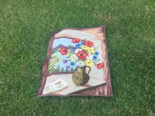Vintage Old Tapestry Embroidered Picture Hand Stitch Pretty Flowers Window View
