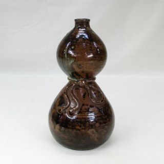 B962: Rare Japanese Gourd Shaped Bottle Of Old Seto Pottery With Very Good Glaze