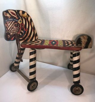 Vtg Rare 1940 - 50’s Usa Gong Bell Mfg Zebra Circus Zoo Child’s Riding Pull Toy
