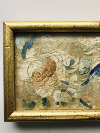Antique 19th century Chinese Silk Embroidery Panel Asian Flowers Framed Old 2