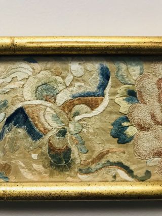 Antique 19th century Chinese Silk Embroidery Panel Asian Flowers Framed Old 3