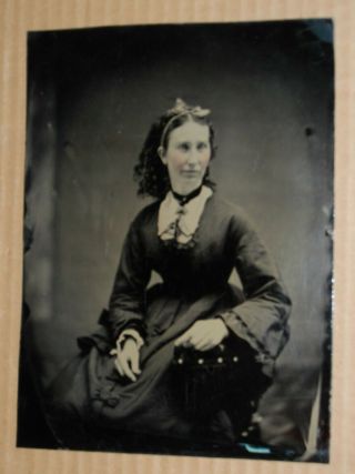 Large Antique Tintype Woman In Black Dress With Rosy Cheeks