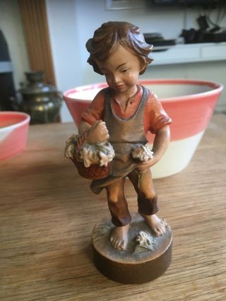Vintage Small Wooden Carved Boy Figurine With Basket Of Flowers Hand Painted
