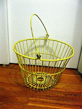 Vintage Yellow Coated Metal Wire Egg Gathering Basket Clam Digging Fruit Wood
