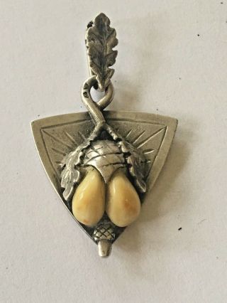 Antique Silver Acorn,  Oak Leaf,  Elk Tooth Pendant,  German Or Austrian,  Marked Bl